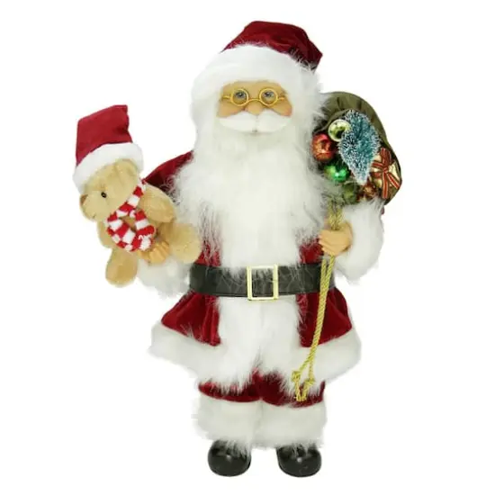16" Traditional Standing Santa Claus with Teddy Bear & Gift Bag {1}
