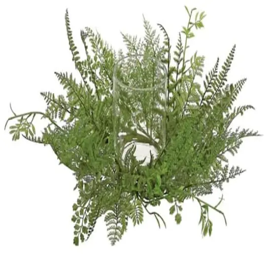 Mixed Green Artificial Fern Hurricane Glass Candle Holder {1}