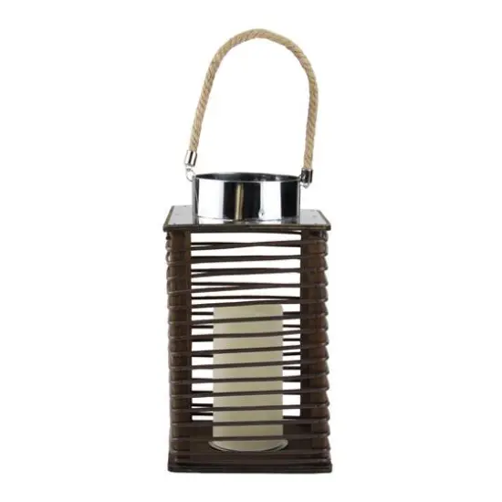 11.75" Wooden Corded Lantern with LED Pillar Candle {1}