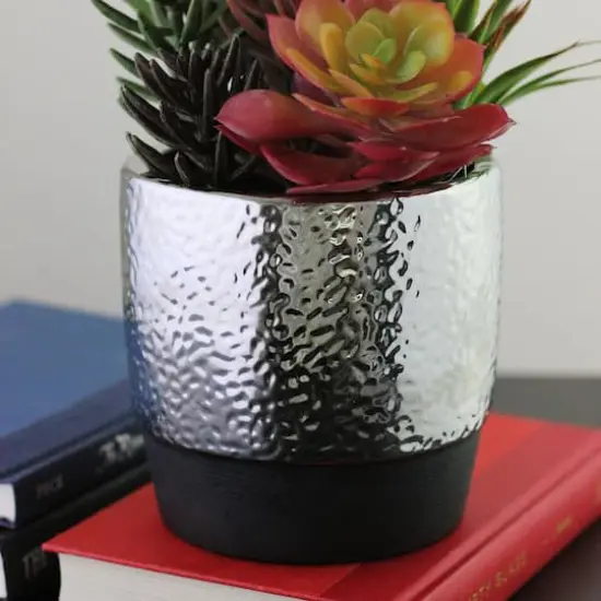 15" Artificial Succulents & Agave in Silver Ceramic Pot {4}