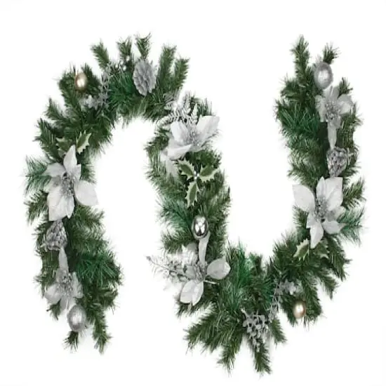 Pre-Decorated Silver Poinsettia Pine Cone & Ball Artificial Garland, Unlit {1}
