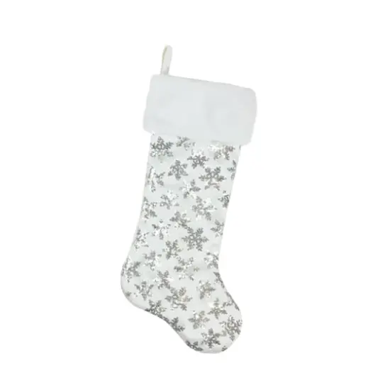 20.5" Sequin Snowflake Stocking With White Faux Fur Cuff, White & Silver {1}