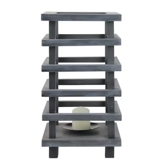 13" Gray Wooden Pagoda Tower Pillar Candle Holder {5}