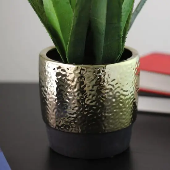 17" Green Artificial Agave in Hammered Gold Look Ceramic Pot {4}