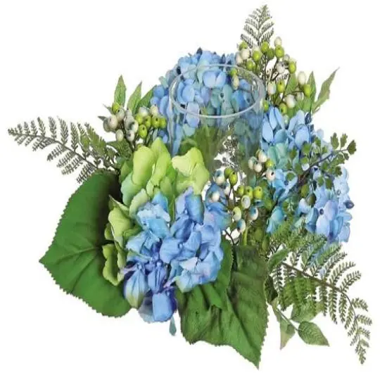 16" Blue & Green Artificial Hydrangea & Berry Hurricane Glass Candle Holder {1}
