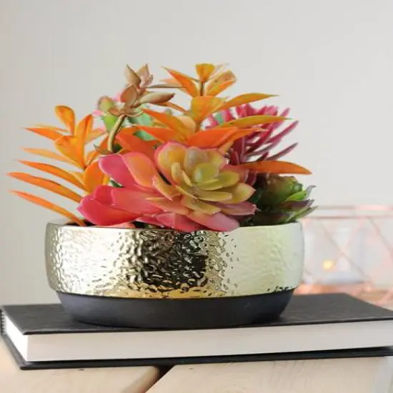 8.5" Artificial Succulent Arrangement in Gold Ceramic Pot {5}