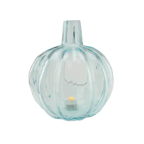 11" Transparent Light Blue Glass Pumpkin Shaped Pillar Candle Holder {1}