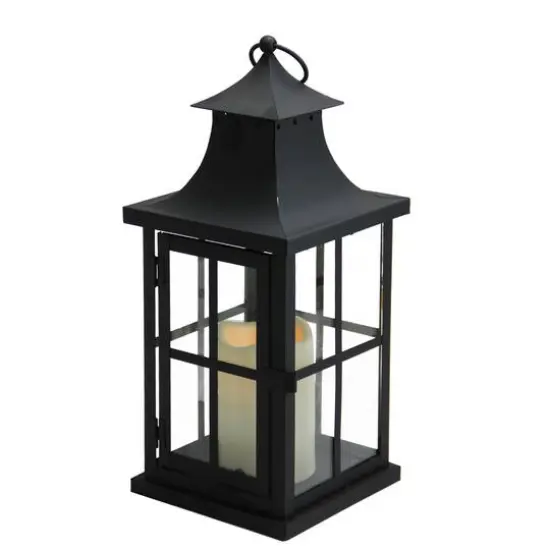 14" Asian Iron Lantern with LED Pillar Candle, Black {3}