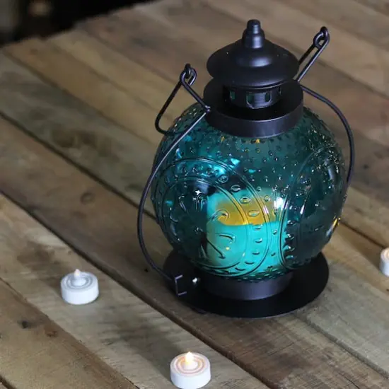 Ocean Blue Molded Glass Lantern with LED Pillar Timer Candle {3}