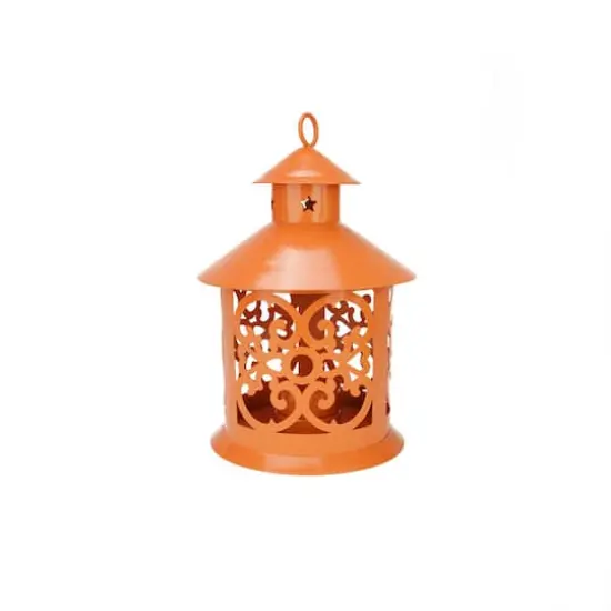 8" Shiny Candle Holder Lantern with Star & Scroll Cutouts Orange {1}