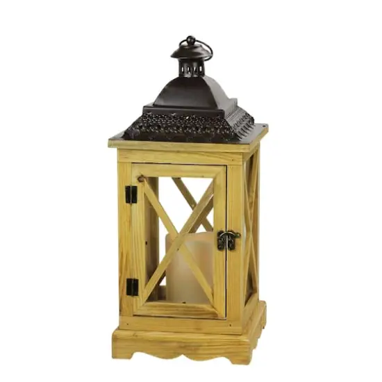 17.5" Rustic Wooden Lantern with Flameless Pillar Candle {1}