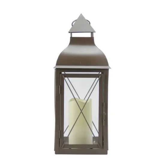 16.75" Cottage Style Metallic Lantern with LED Pillar Candle, Brown {6}