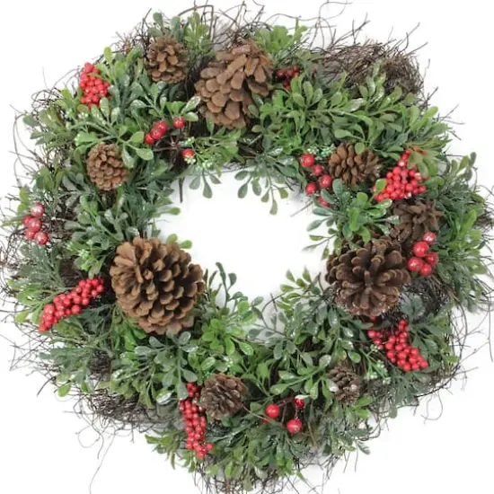 24" Glittered Artificial Boxwood Pine Cones & Red Berry Wreath, Unlit {1}