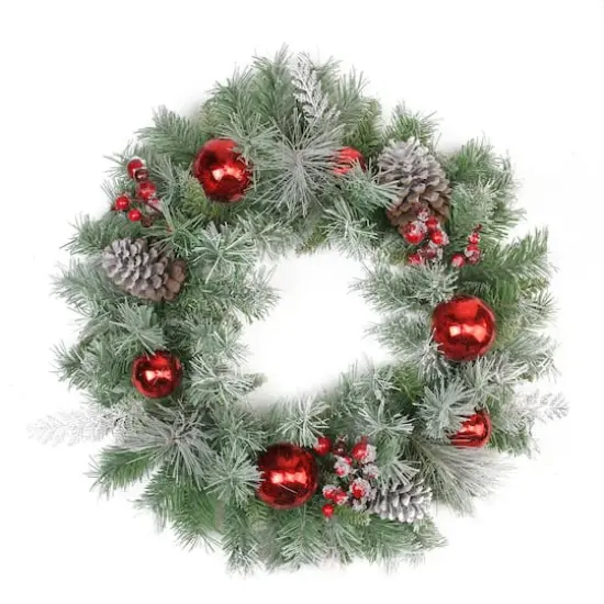 24" Flocked Pine Red Ball Berries & Silver Cedar Artificial Wreath, Unlit {1}