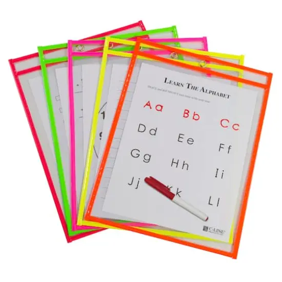 C-Line&reg; Assorted Neon Colors Reusable Dry Erase Pockets, Pack of 10 {1}