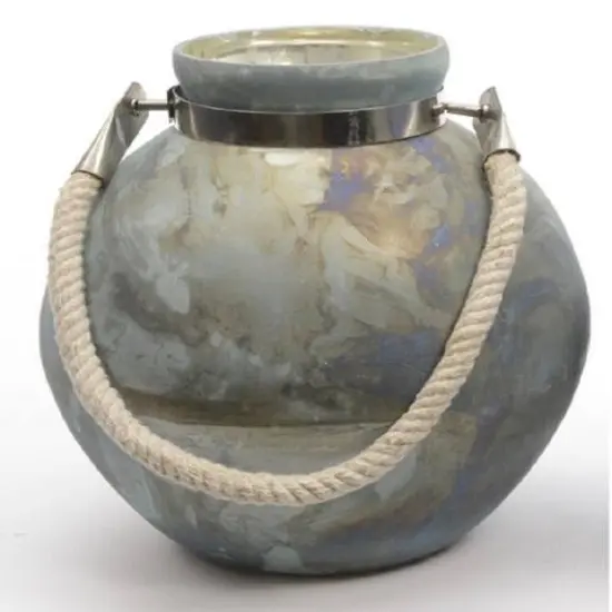 14.5" Seaside Treasures Green & Black Marbled Glass Hurricane With Rope Handle {3}