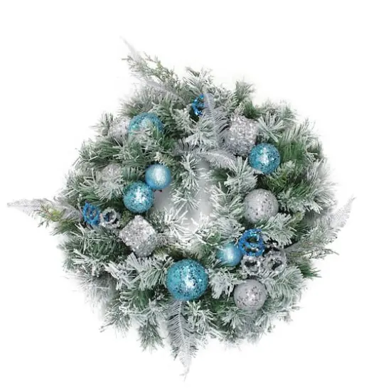 24" Blue & Silver Sequin Ornaments Artificial Flocked Pine Wreath {1}
