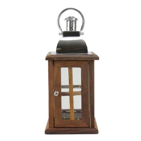 18" Modern Sheesham Wood Candle Lantern with Metal Handle {1}