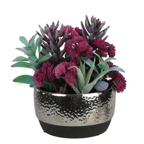 8" Artificial Succulent Arrangement In Silver Ceramic Pot {3}