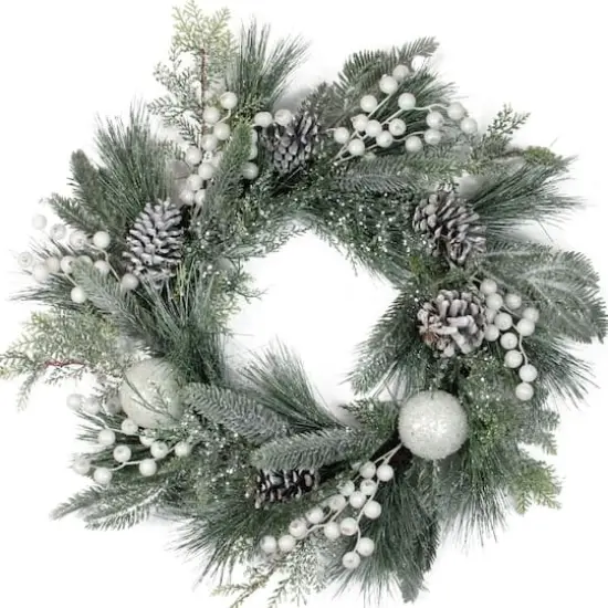 24" Frosted Artificial Mixed Pine and Pine Cone Wreath with Berries, Unlit {1}