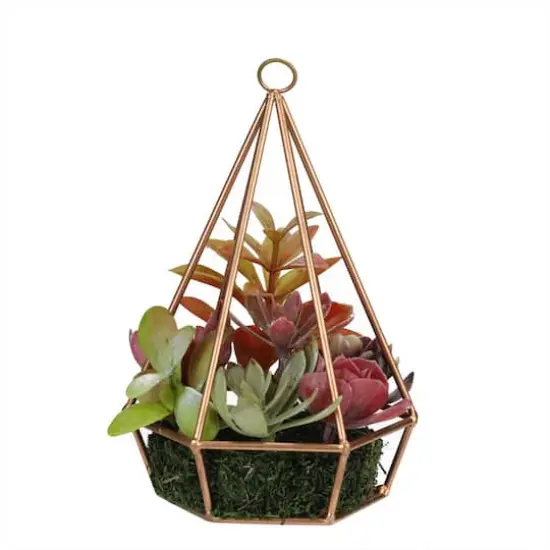 9" Artificial Succulent Arrangement In 6 Sided Copper Wire Frame {3}