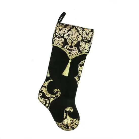 21.5" Black & Gold Damask Print Christmas Stocking {1}