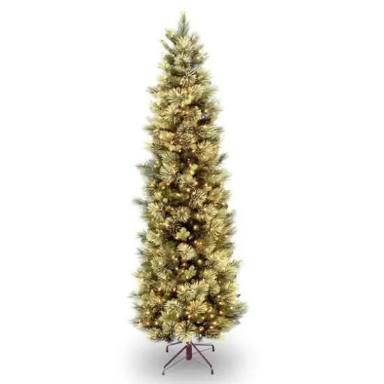 6.5 ft. Pre-Lit Carolina Pine Slim Artificial Christmas Tree with Flocked Pine Cones, Clear Lights {1}