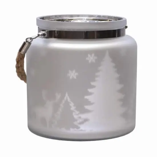6" Matte Silver Winter Scene Christmas Pillar Candle Lantern {1}