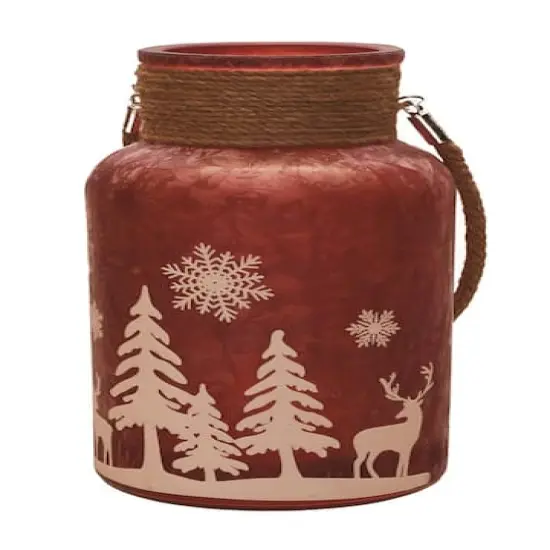 10" Red Winter Scene Christmas Pillar Candle Lantern {1}
