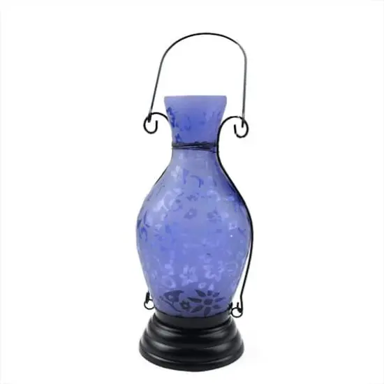 Transparent Blue Glass Bottle Tea Light Candle Lantern with Flower Etching {1}