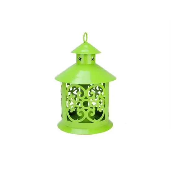 8" Shiny Candle Holder Lantern with Star & Scroll Cutouts Lime Green {1}