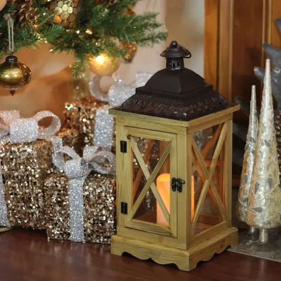 17.5" Rustic Wooden Lantern with Flameless Pillar Candle {3}