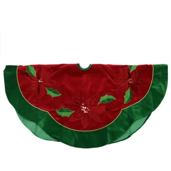 48" Red Sequined Poinsettia & Velveteen Trim Tree Skirt {4}