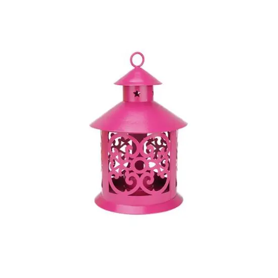 8" Shiny Candle Holder Lantern with Star & Scroll Cutouts Pink {1}