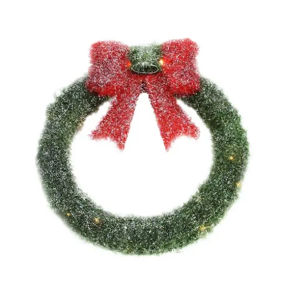 16" Lighted Tinsel Green Wreath with Bow Christmas Window Decoration {1}