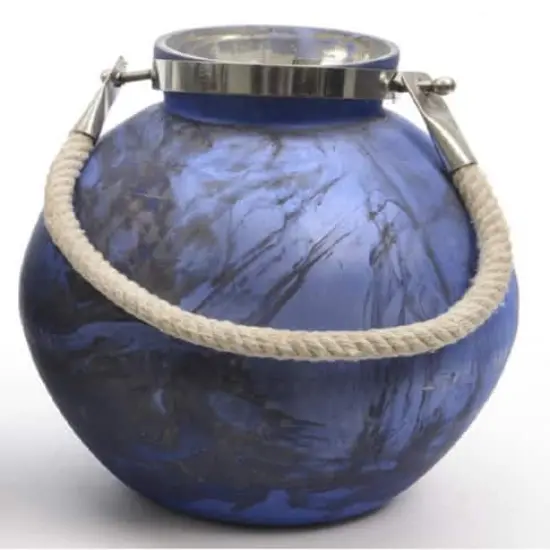 14.5" Seaside Treasures Indigo & Black Marbled Glass Hurricane With Rope Handle {3}