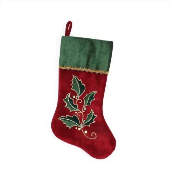 20.5" Holly Embroidered Velvet Stocking {1}