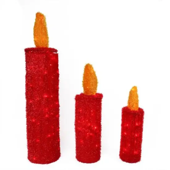 Set of 3 Pre-Lit Red & Gold Tinsel Candle Christmas Yard Art Decorations {1}