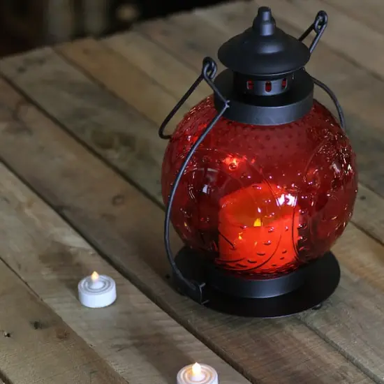 Red Molded Glass Lantern with LED Pillar Timer Candle {3}