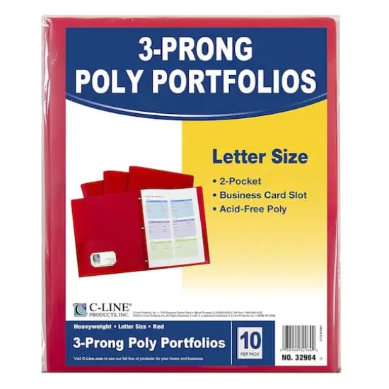 C-Line&reg; Two-Pocket Heavyweight Poly Portfolio Folder with Prongs, Pack of 10 Candy Red {4}