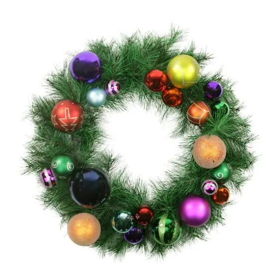 24" Pre-Decorated Multicolor Ball Ornament Long Needle Pine Artificial Christmas Wreath, Unlit {1}