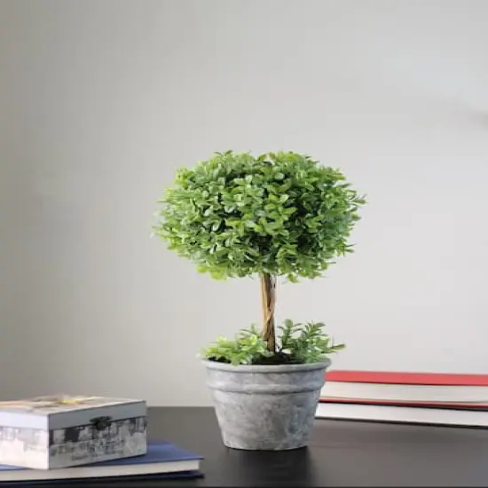 17" Green Artificial Boxwood Topiary in Distressed Paper Mache Pot {5}