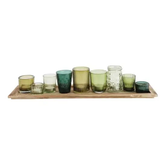 Hello Honey&reg; Glass Votive Candle Holders & Wood Tray Set Green {1}