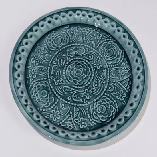 16.5" L'Eau de Fleur Dark Blue Embossed Rose Decorative Floral Platter {3}