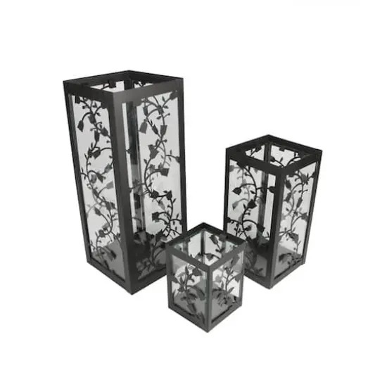 Black French Country Garden Floral Candle Holder Lantern Set, 4.5"-12" {1}