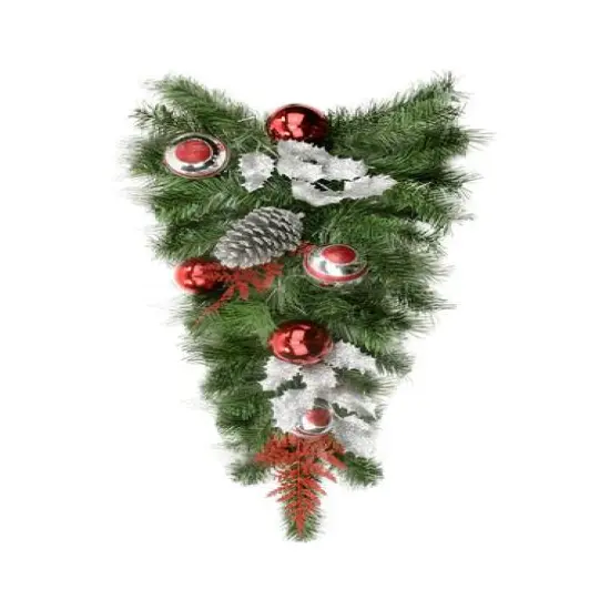 24" Unlit Red & Silver Holly Ball & Pine Cone Teardrop Swag {1}