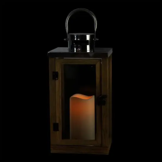 13.75" Rustic Wood and Glass Flameless Pillar Candle Lantern {5}