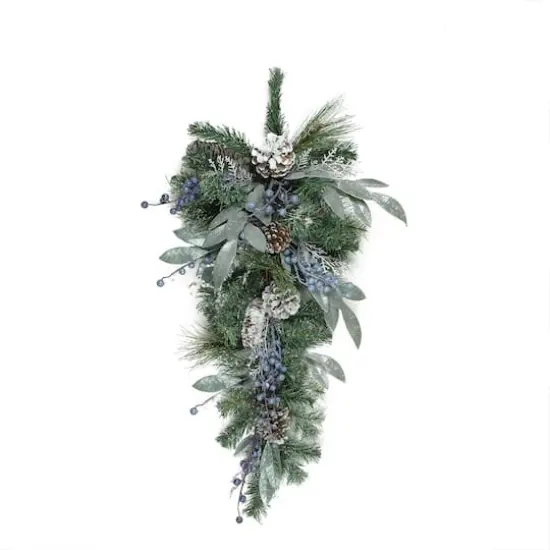 28" Unlit Mixed Pine, Blueberries & Snowy Pine Cones Teardrop Swag {1}