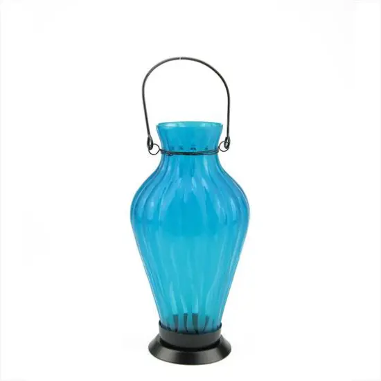9.5" Frosted Blue Ribbed Vase Glass Bottle Tea Light Candle Lantern {1}