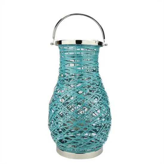 Decorative Woven Iron Pillar Candle Lantern Turquoise Blue {1}
